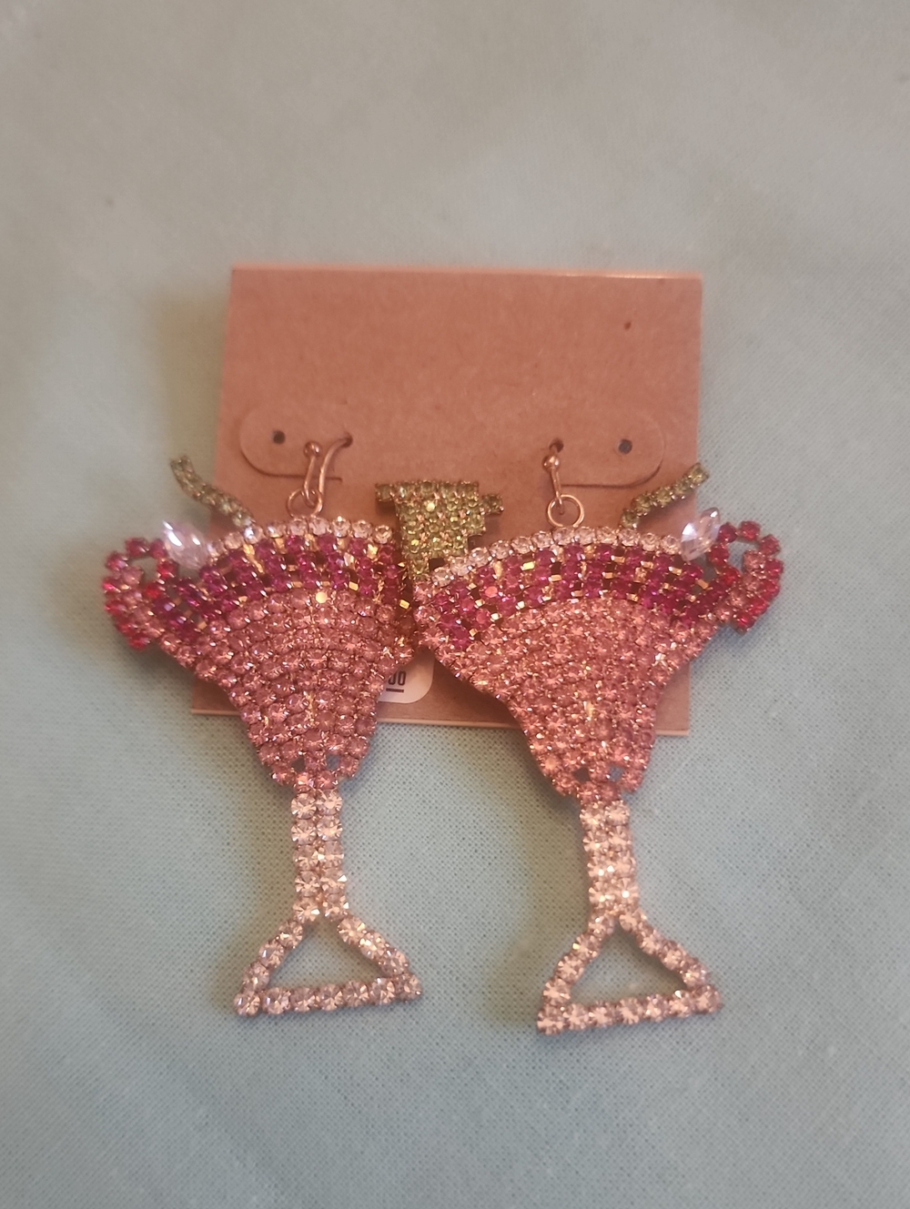 Betsey Johnson Inspired Pink Crystal Margarita Glass Drop Statement Earrings -